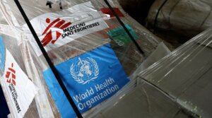 Humanitarian aid for Gaza sourced by Doctors Without Borders (Médecins Sans Frontières) and the World Health Organization are stored at Egyptian Red Crescent warehouses in the Egyptian border town of El-Arish, April 8, 2025.