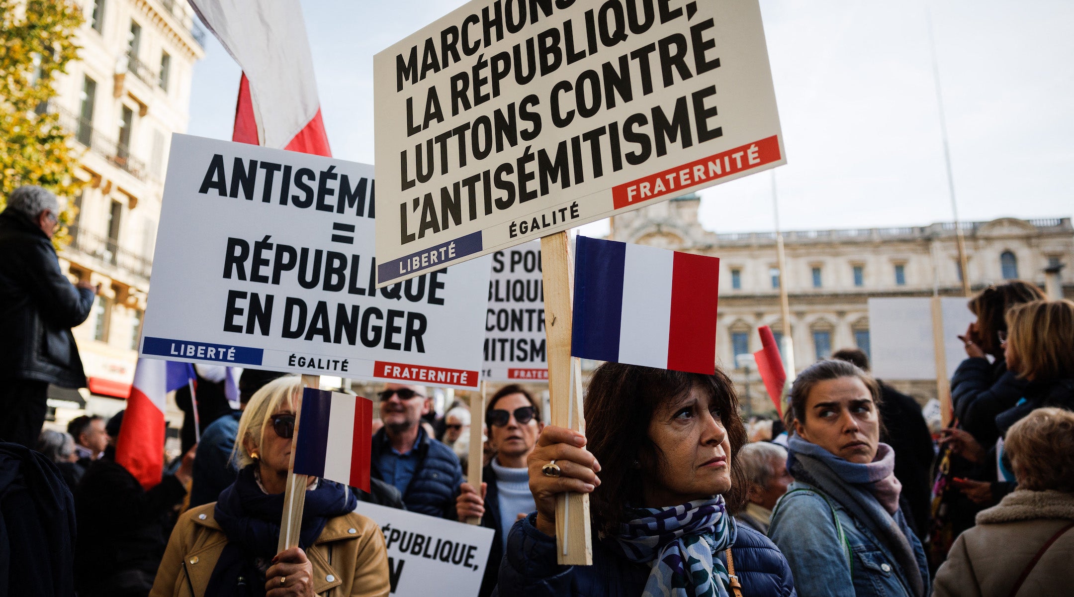 People take part in a demonstration against antisemitism in Marseille, south-eastern France, on Nov. 12, 2023.