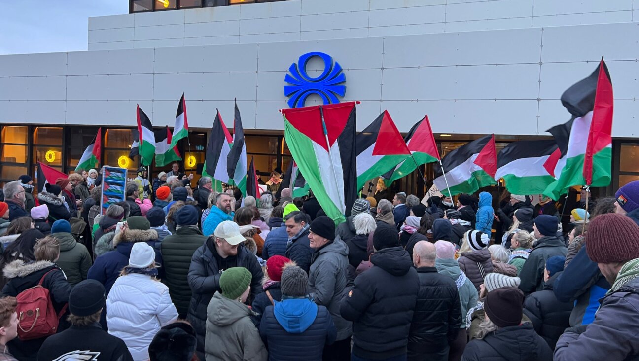 Pro-Palestinian protestors demonstrate outside the office of Iceland’s state broadcaster RUV on Dec. 10, 2025 in Reykjavik, Iceland.