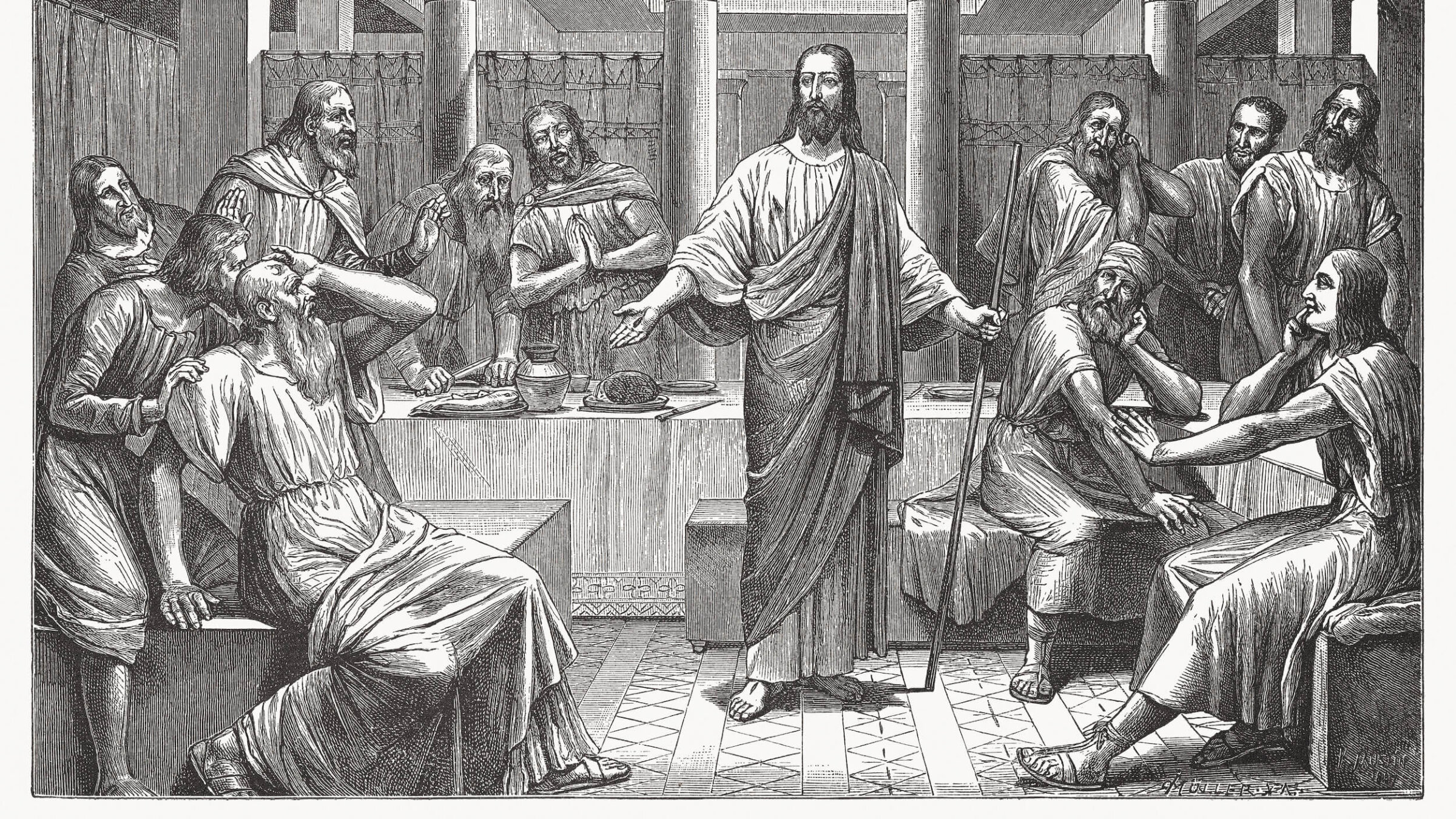 The resurrected Jesus appears to his disciples in a wood engraving after a drawing by Karl Jauslin by Ellen G. White, published by the Internationale Traktatgesellschaft ca. 1890.