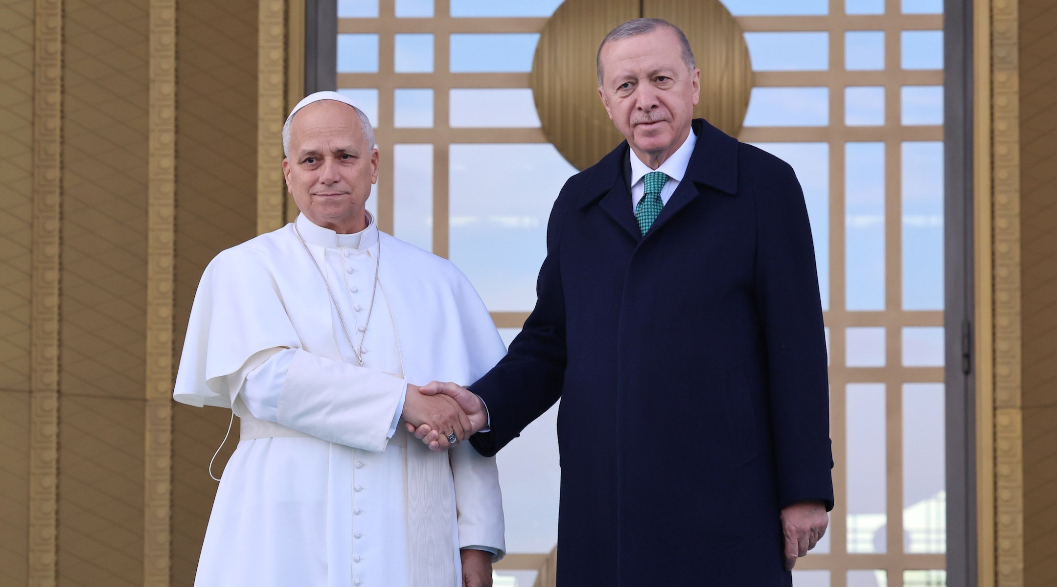 President Recep Tayyip Erdoğan greets Pope Leo XIV at the Presidential Complex during an official welcoming ceremony on Nov. 27, 2025 in Ankara, Türkiye. 
