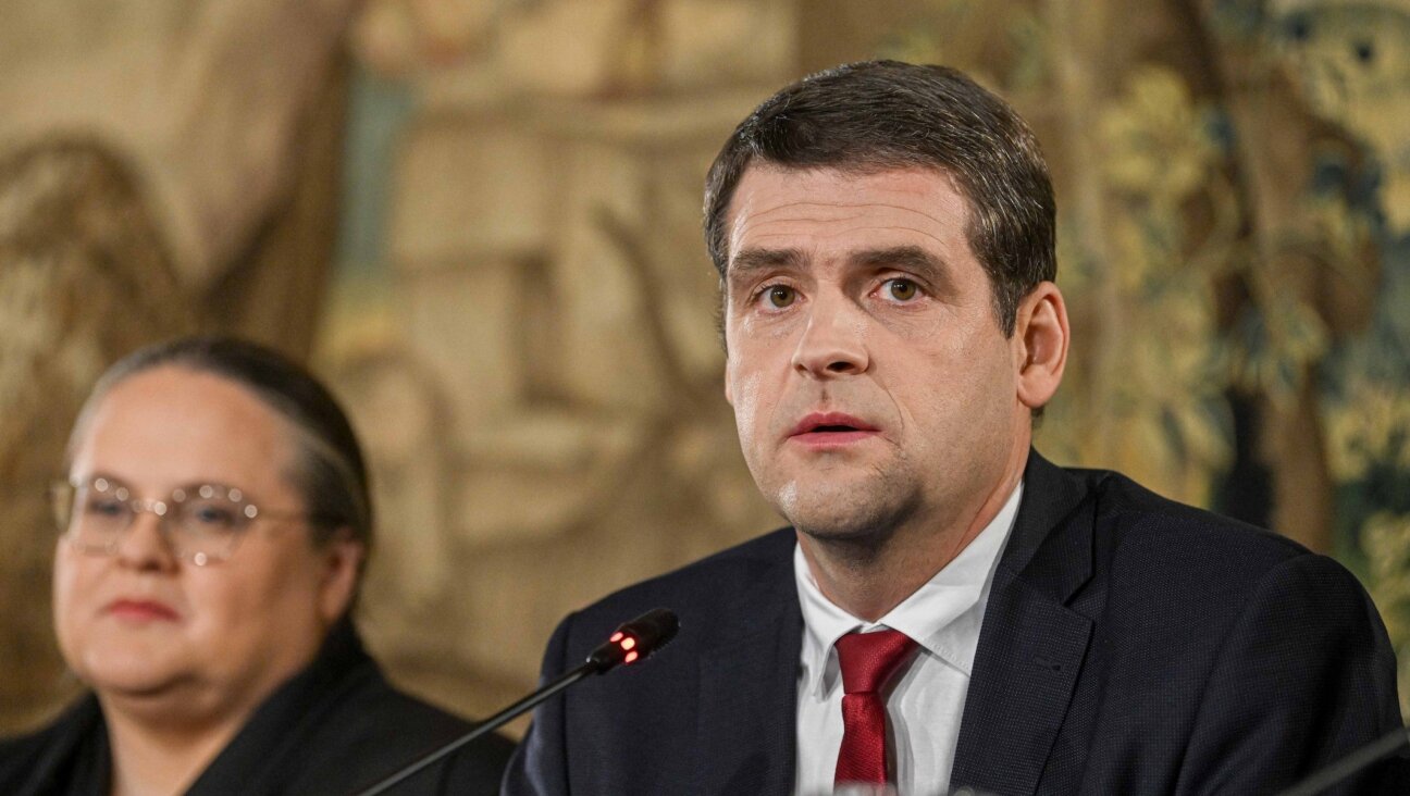 Remigijus Zemaitaitis, leader of the Dawn of the Nemunas Nemuno Ausra, attends a press conference in Vilnius, Lithuania, Oct. 28, 2024. 