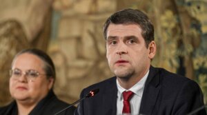 Remigijus Zemaitaitis, leader of the Dawn of the Nemunas Nemuno Ausra, attends a press conference in Vilnius, Lithuania, Oct. 28, 2024. 