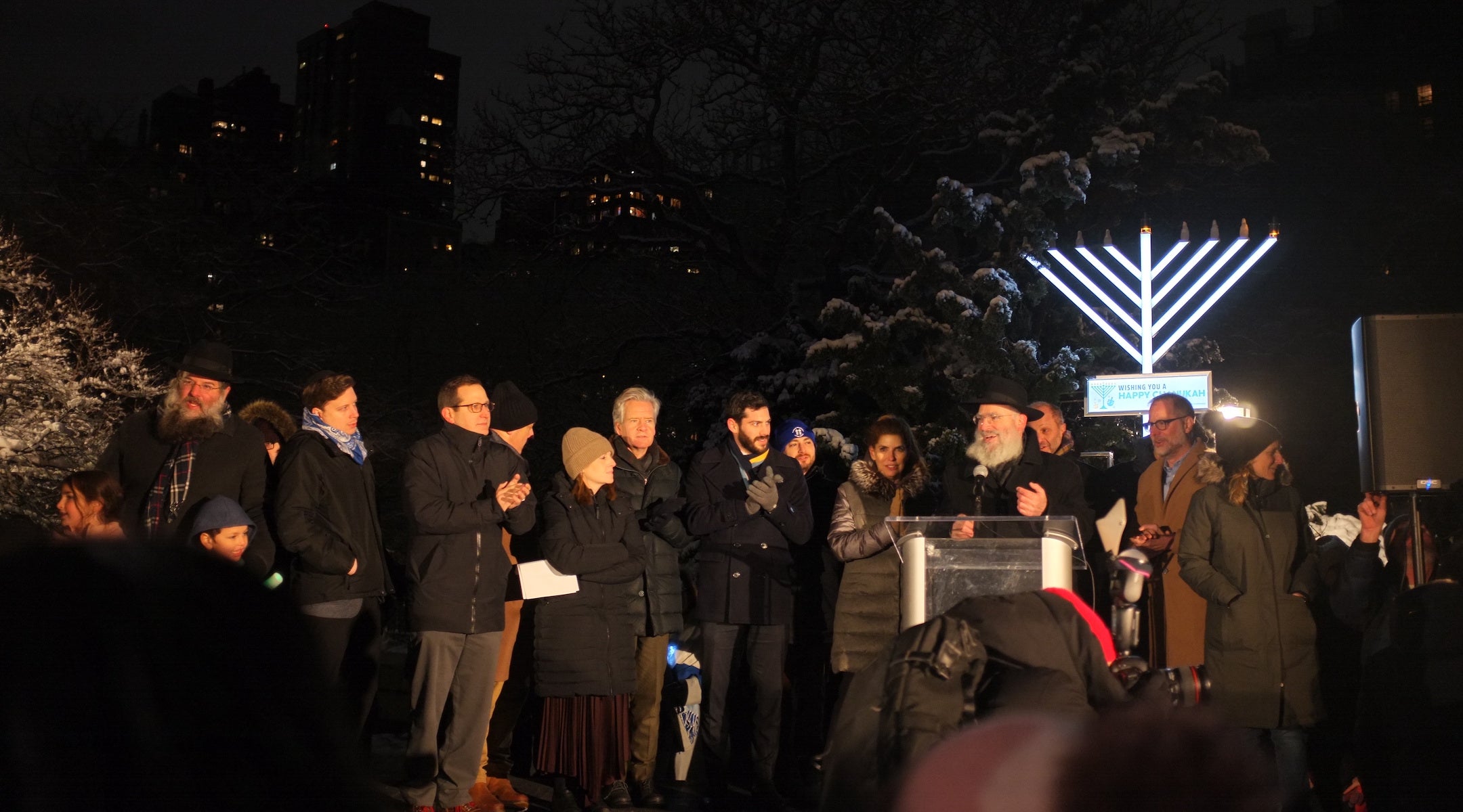 New York City Jewish leaders speak at a menorah lighting event at Carl Schurz Park in Manhattan on Dec.14, 2025.