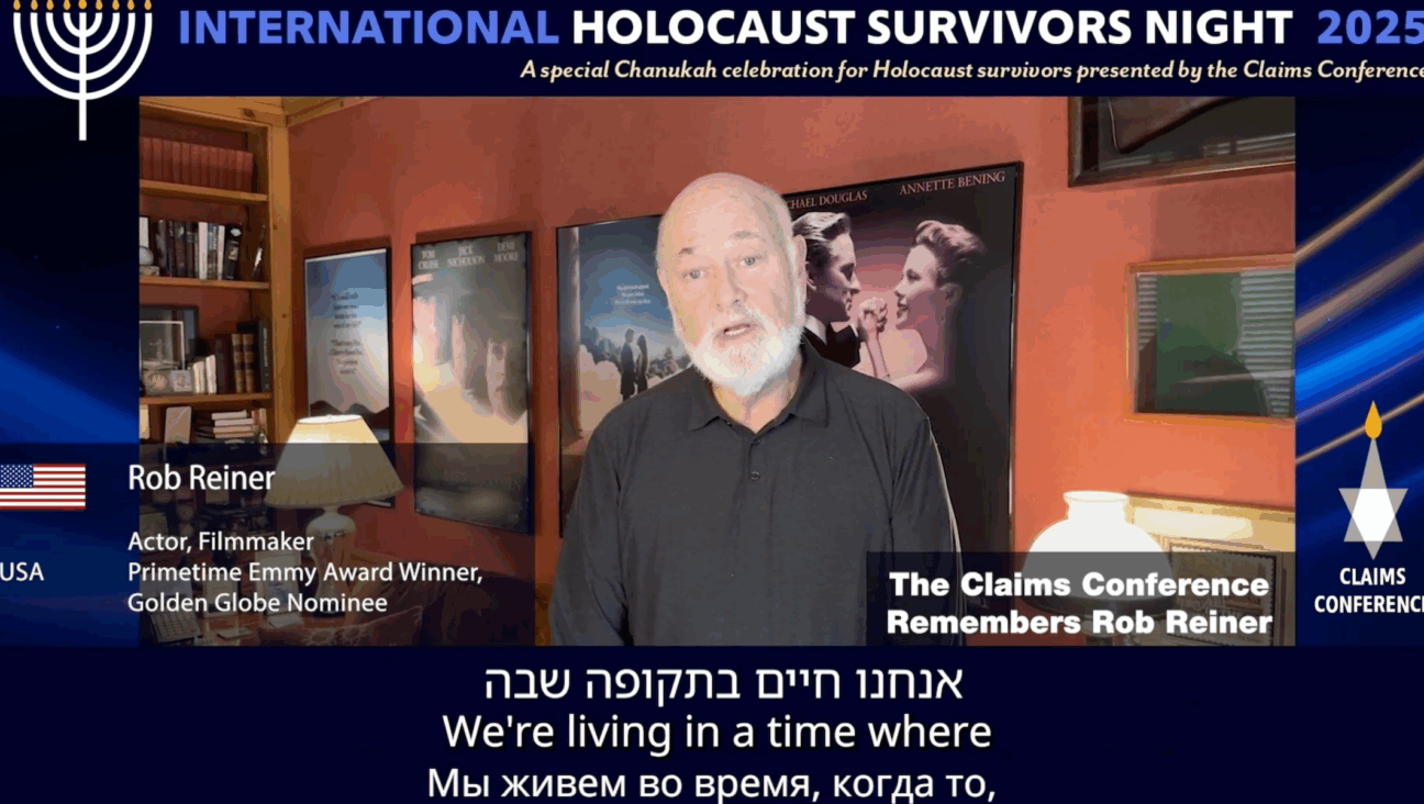 Rob Reiner gives a posthumous address at the annual International Holocaust Survivors Night hosted by the Conference on Jewish Material Claims Against Germany on Dec. 18, 2025. 
