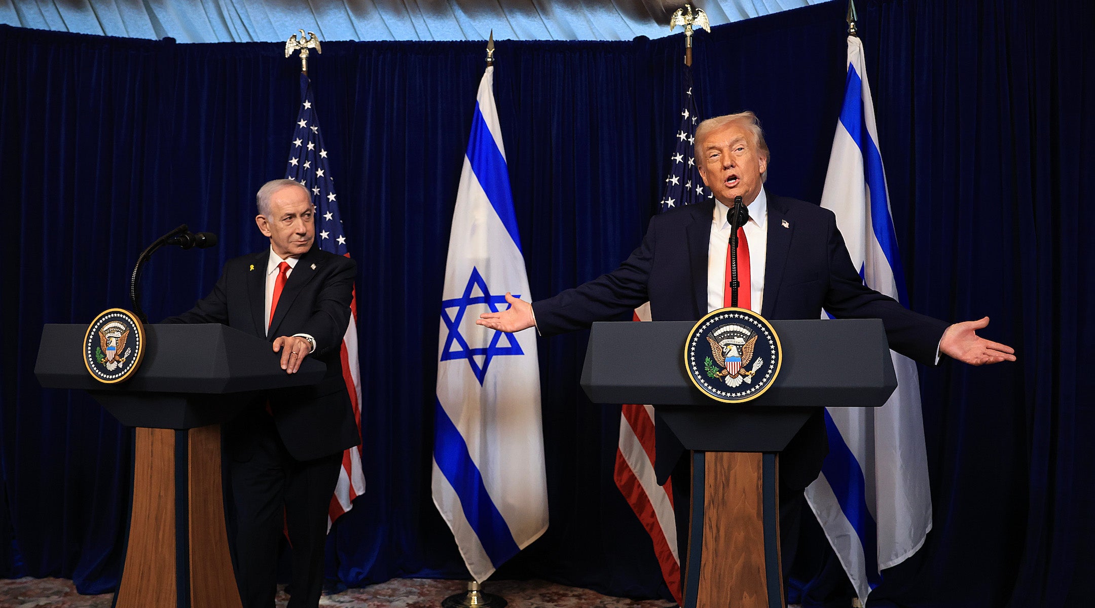 President Donald Trump holds a press conference with Israeli Prime Minister Benjamin Netanyahu at his Mar-a-Lago club on Dec. 29, 2025 in Palm Beach, Florida.
