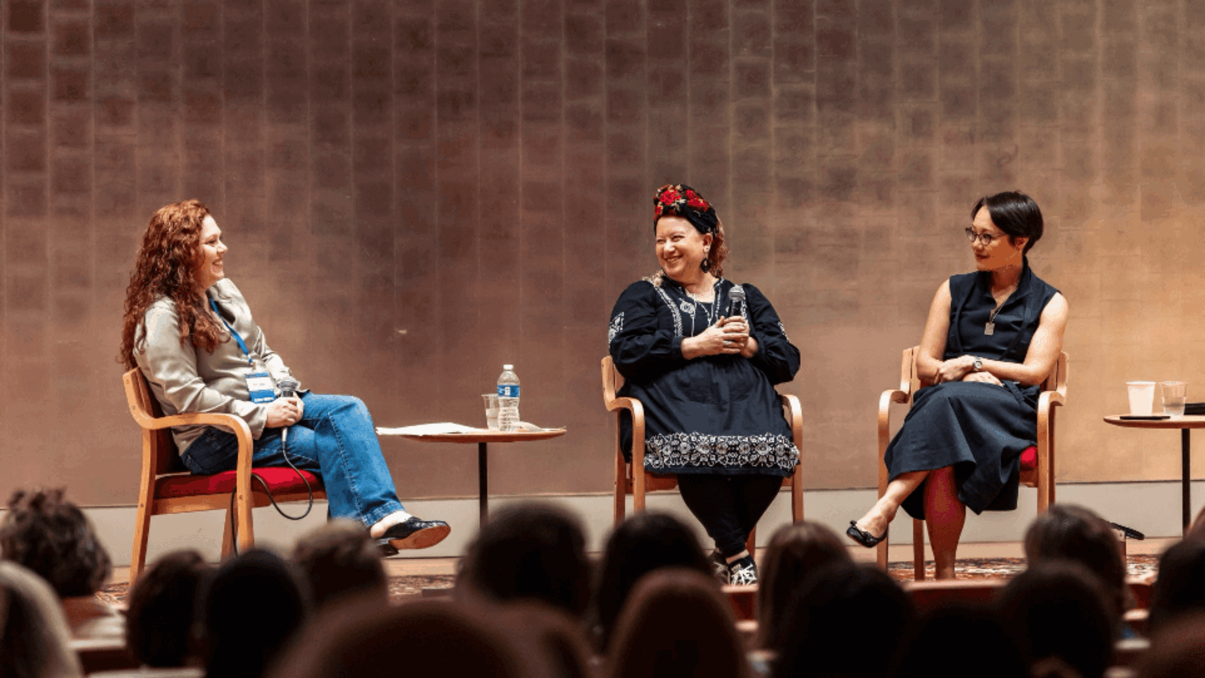 Author Gilly Segal, left, interviews literary agent Rena Rossner, center, and rabbi and author Angela Buchdahl at the Artists Against Antisemitism 2025 Jewish Writers Mifgash, Sept. 14, 2025.