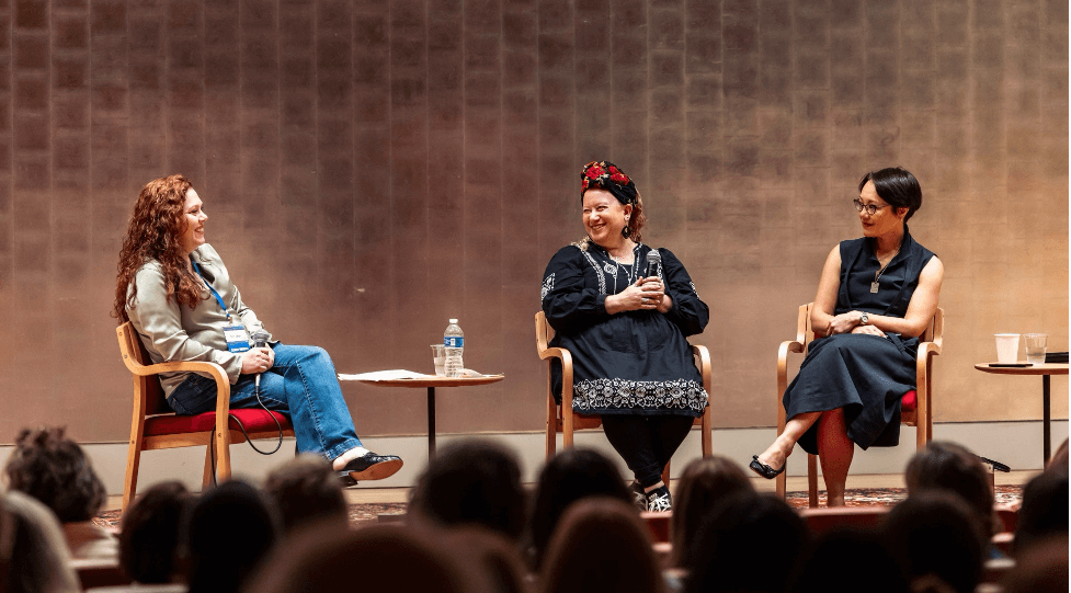 Author Gilly Segal, left, interviews literary agent Rena Rossner, center, and rabbi and author Angela Buchdahl at the Artists Against Antisemitism 2025 Jewish Writers Mifgash, Sept. 14, 2025.