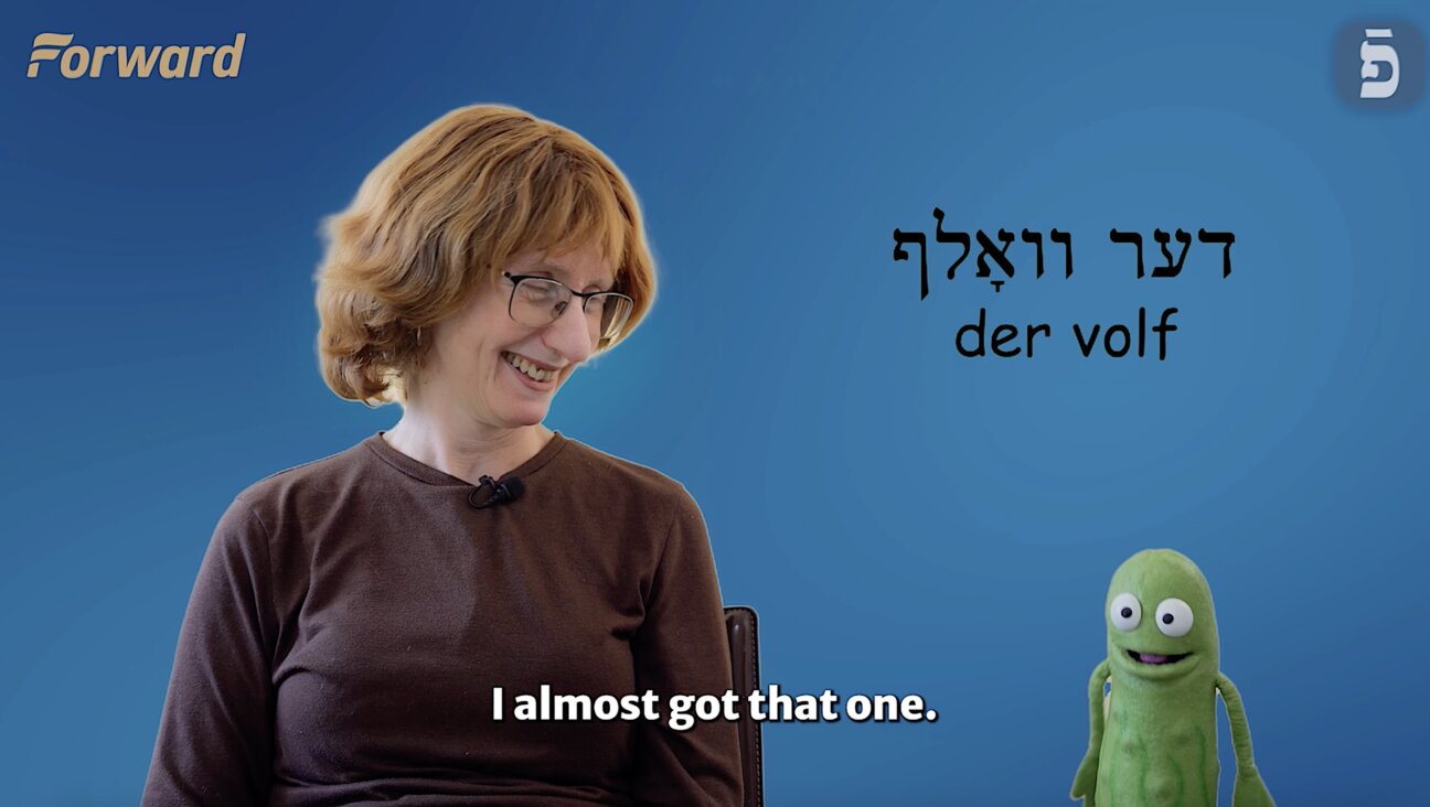 Rukhl Schaechter teaches Monty Pickle the Yiddish words for a number of wild animals.