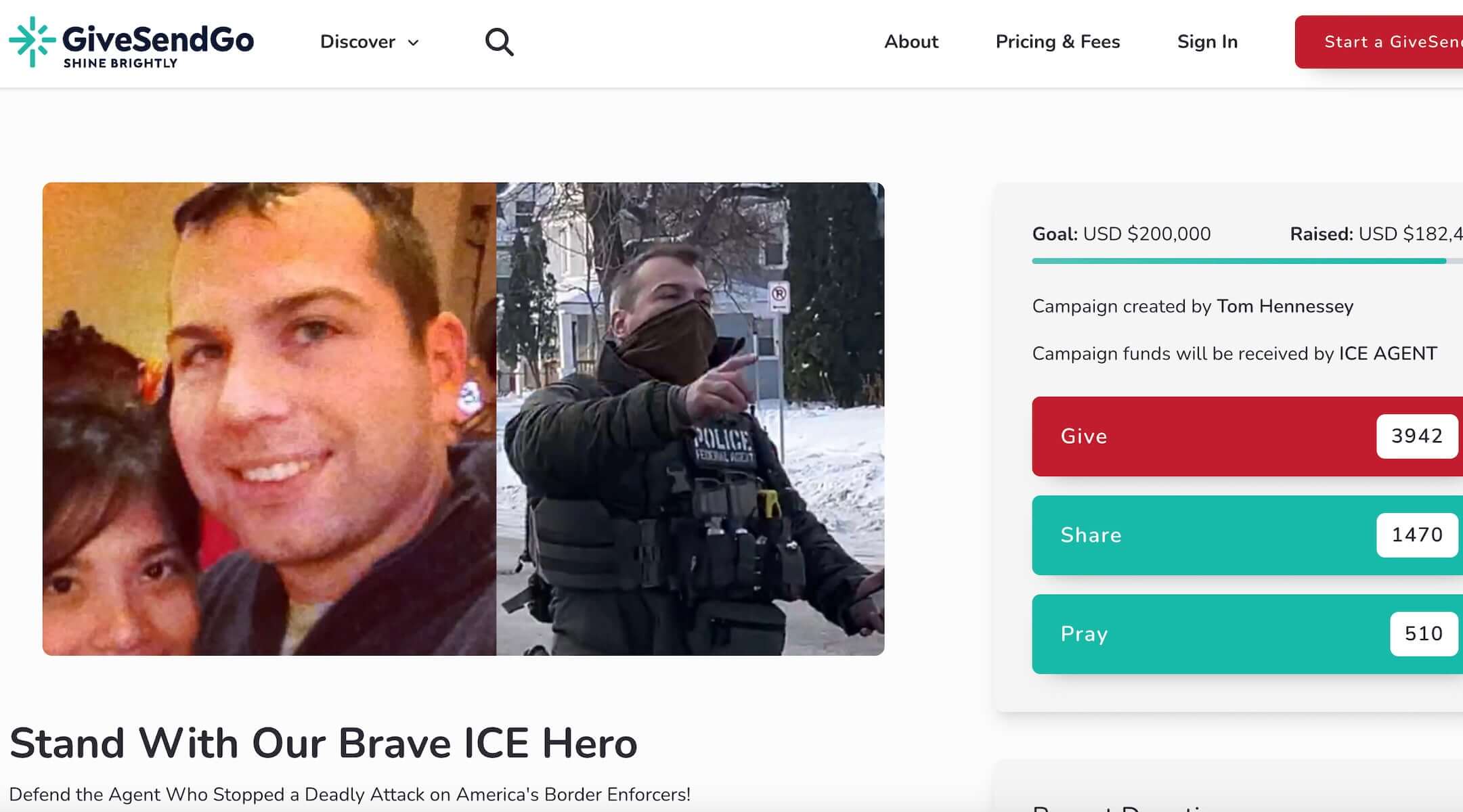 The webpage for a fundraiser for the ICE agent who shot and killed Renee Good, Jan. 12, 2026. 