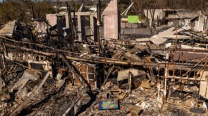 The remains of the Pasadena Jewish Temple and Center following the Eaton Fire in Jan. 2025. 