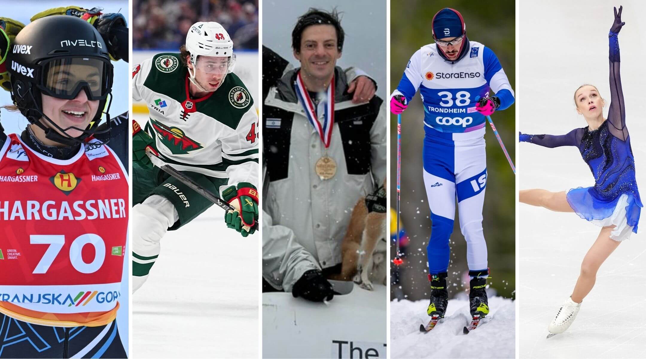 Some of the Jewish and Israeli 2026 Winter Olympians, from left: Noa Szollos, Quinn Hughes, A.J. Edelman, Attila Mihály Kertész and Mariia Seniuk.