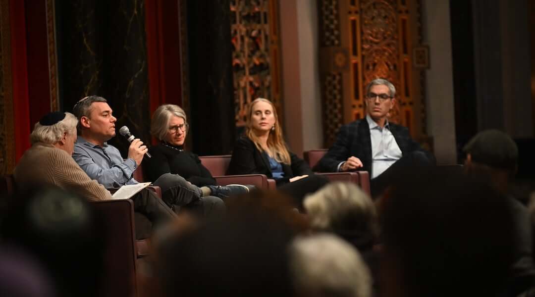Peter Beinart speaks at a panel on “The Jewish Tent at a Crossroads” in the sanctuary of B’nai Jeshurun in Manhattan, Jan. 6, 2026. Others on the panel were, from left, moderator Rabbi Irwin Kula, Esther Sperber, Rabbi Jill Jacobs and Rabbi Elliot Cosgrove. 