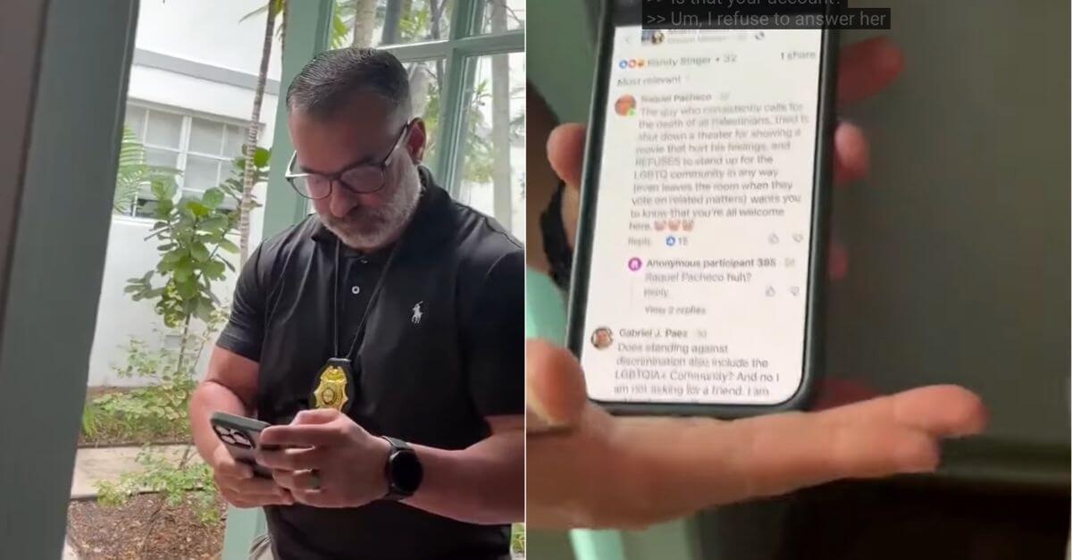 The police at Raquel Pacheco's home question her over a Facebook post critical of the mayor. 