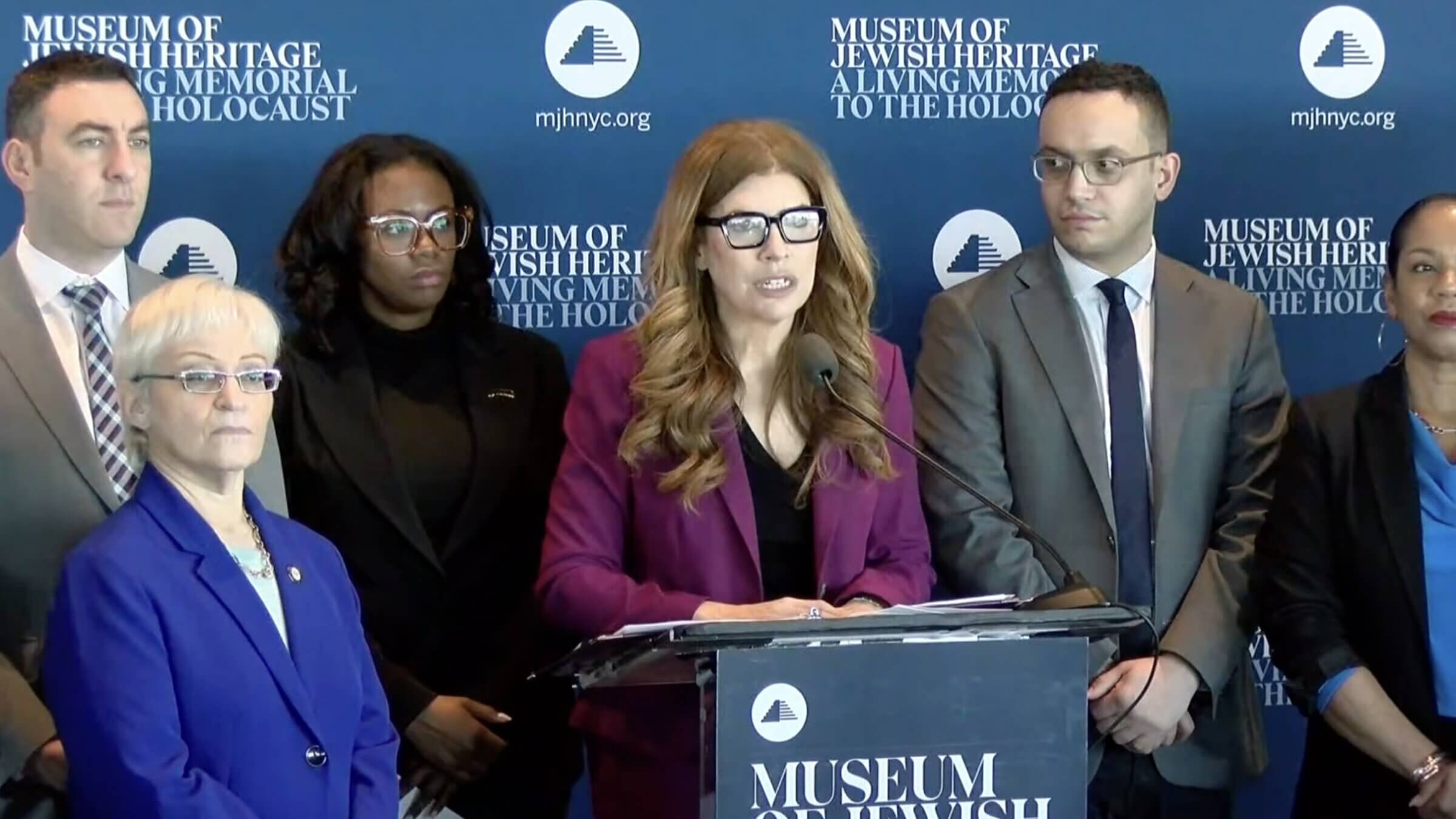 City Council speaker Julie Menin announces a five-point plan to combat antisemitism at the Museum of Jewish Heritage.