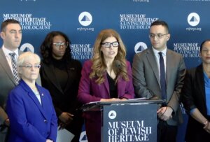 City Council speaker Julie Menin announces a five-point plan to combat antisemitism at the Museum of Jewish Heritage.