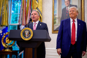 WASHINGTON, DC - MAY 28: U.S. Special Envoy to the Middle East Steve Witkoff, accompanied by U.S. President Donald Trump, speaks during a swearing in ceremony for interim U.S. Attorney for Washington, D.C. Jeanine Pirro in the Oval Office of the White House on May 28, 2025 in Washington, DC. Trump has announced Pirro, a former Fox News personality, judge, prosecutor, and politician, after losing support in the Senate for his first choice, Ed Martin, over his views on the January 6, 2021 attack on the U.S. Capitol. (Photo by Andrew Harnik/Getty Images)