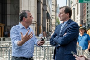 R to L:  Rep. Dan Goldman (D-NY) and
Brad Lander, the former New York City comptroller, on Aug. 7, 2025. 