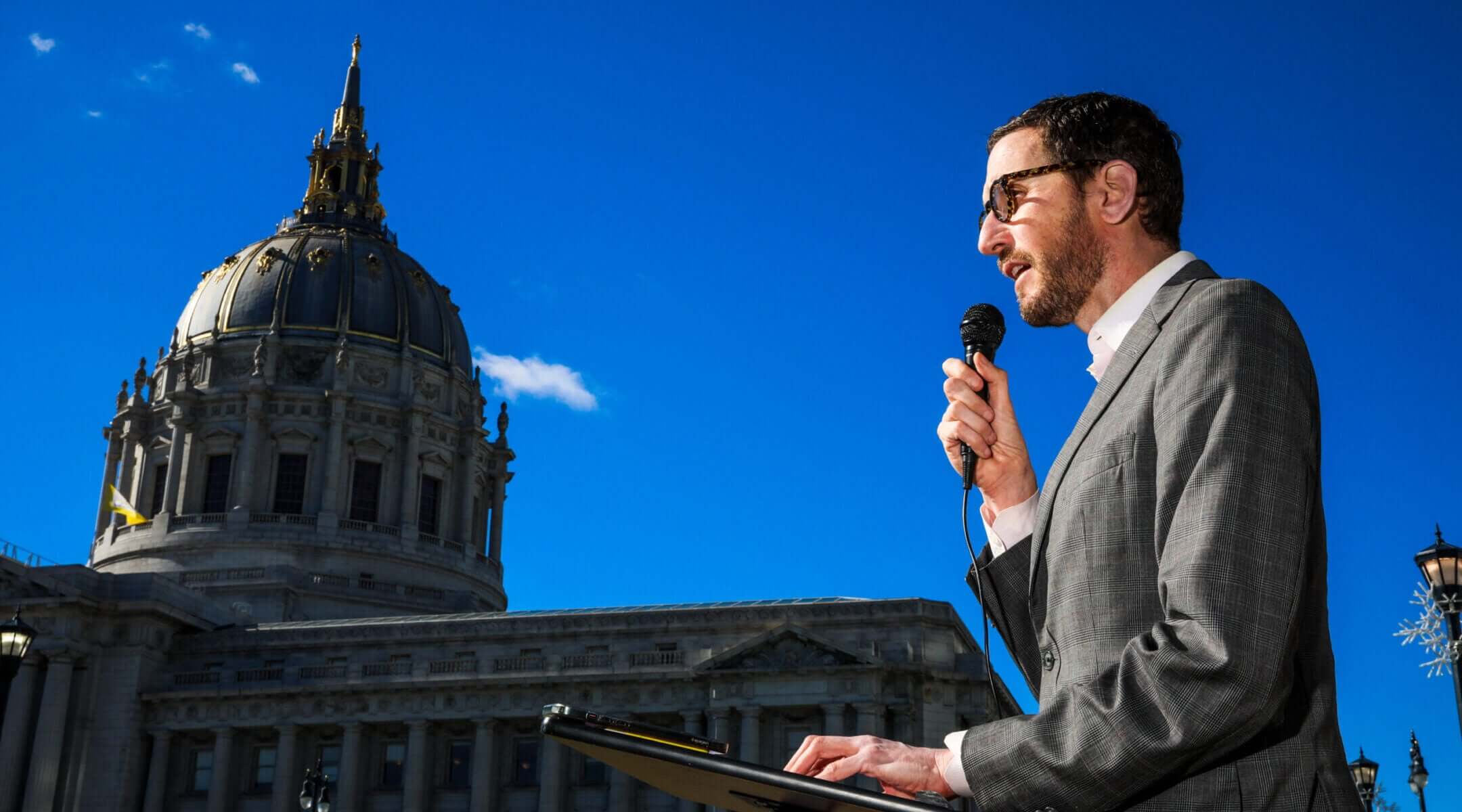 State Sen. Scott Wiener speaks during a press conference at San Francisco’s Civic Center Plaza, Nov. 18, 2025.