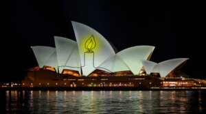 The Sydney Opera House is illuminated with candlelights in Sydney on Dec. 21, 2025, as part of a national day of reflection honoring the victims of the Bondi Beach Hanukkah terrorist attack on Dec. 21, 2025 in Sydney.