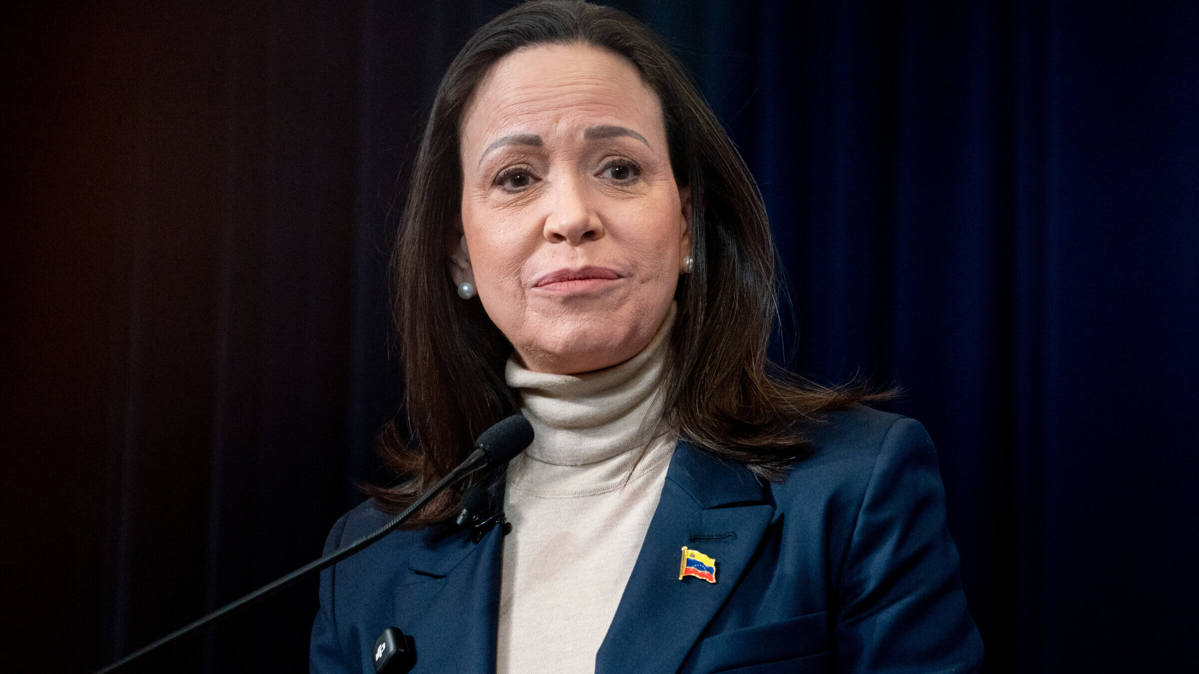 Maria Corina Machado, Venezuela's opposition leader, during a news conference at The Heritage Foundation in Washington, DC, US, on Jan. 16, 2026. 