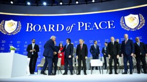 US President Donald Trump shakes hands with Argentina’s president, Javier Milei, at the "Board of Peace" meeting during the World Economic Forum annual meeting in Davos, Jan. 22.