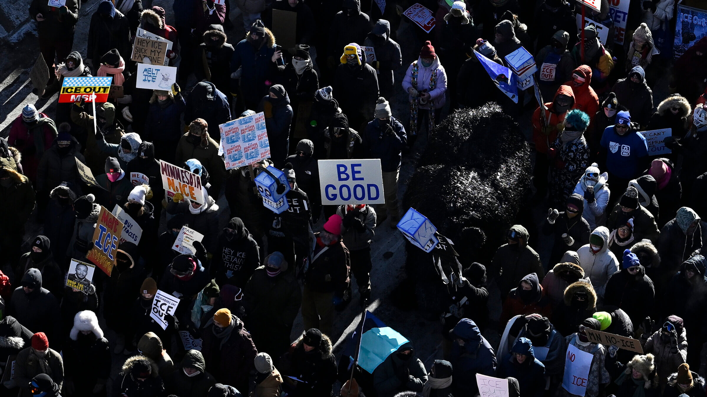 An "ICE OUT" rally in Minneapolis. Leaders from Reform, Conservative and Reconstructionist Judaism have condemned ICE's conduct in the city, but Orthodox groups have largely remained silent.