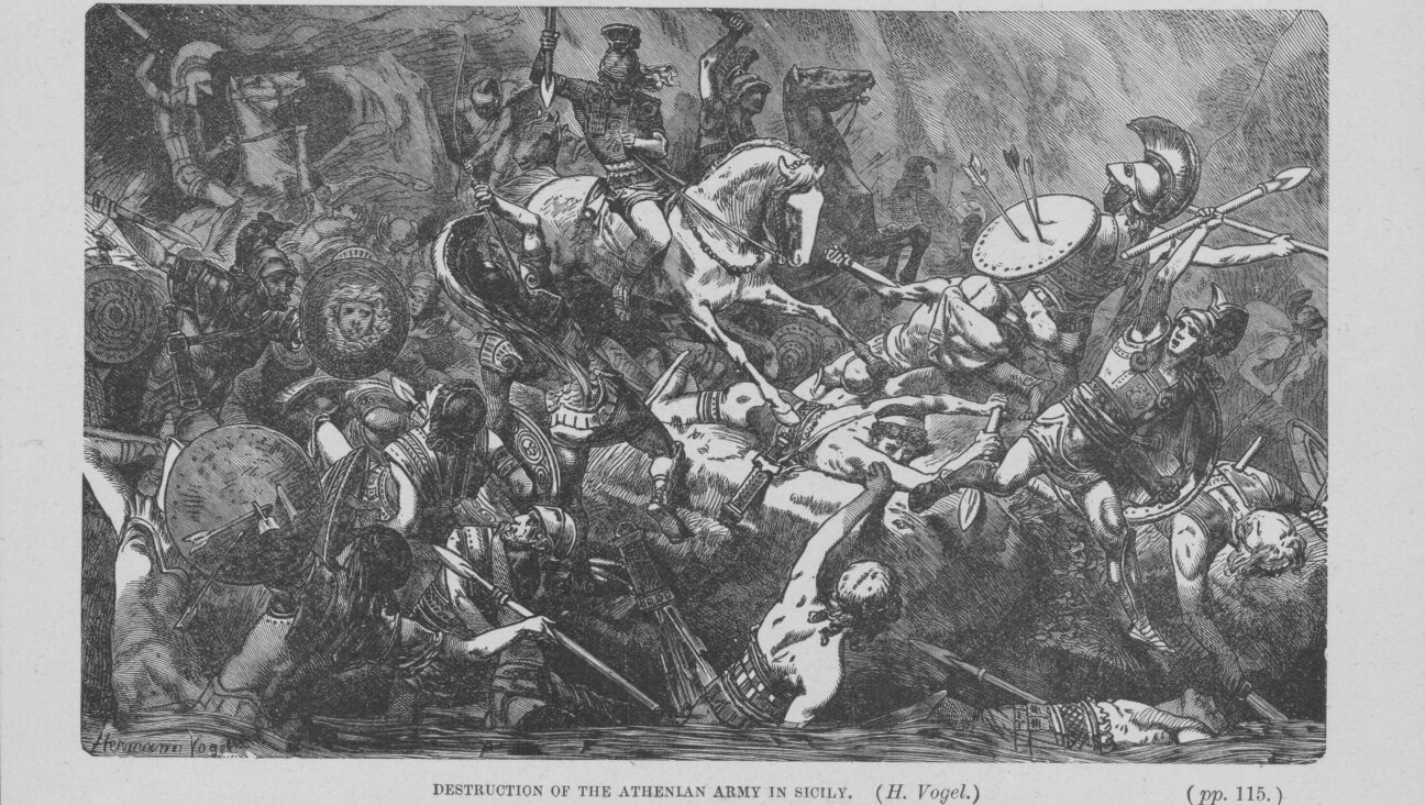 Engraving depicting the destruction of the Athenian army in Sicily, during the Peloponnesian War, circa 431-404 BC. 