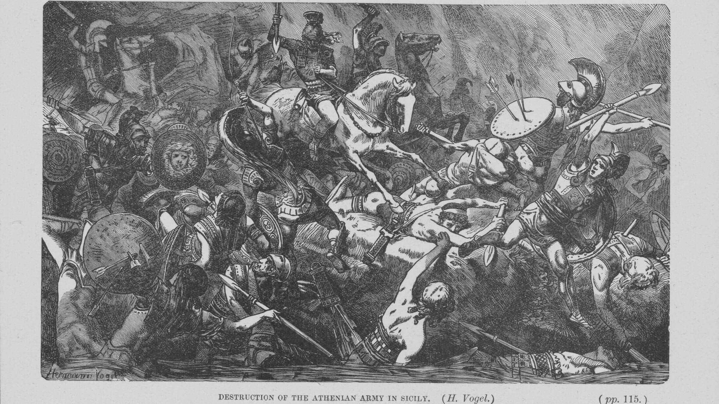 Engraving depicting the destruction of the Athenian army in Sicily, during the Peloponnesian War, circa 431-404 BC. 