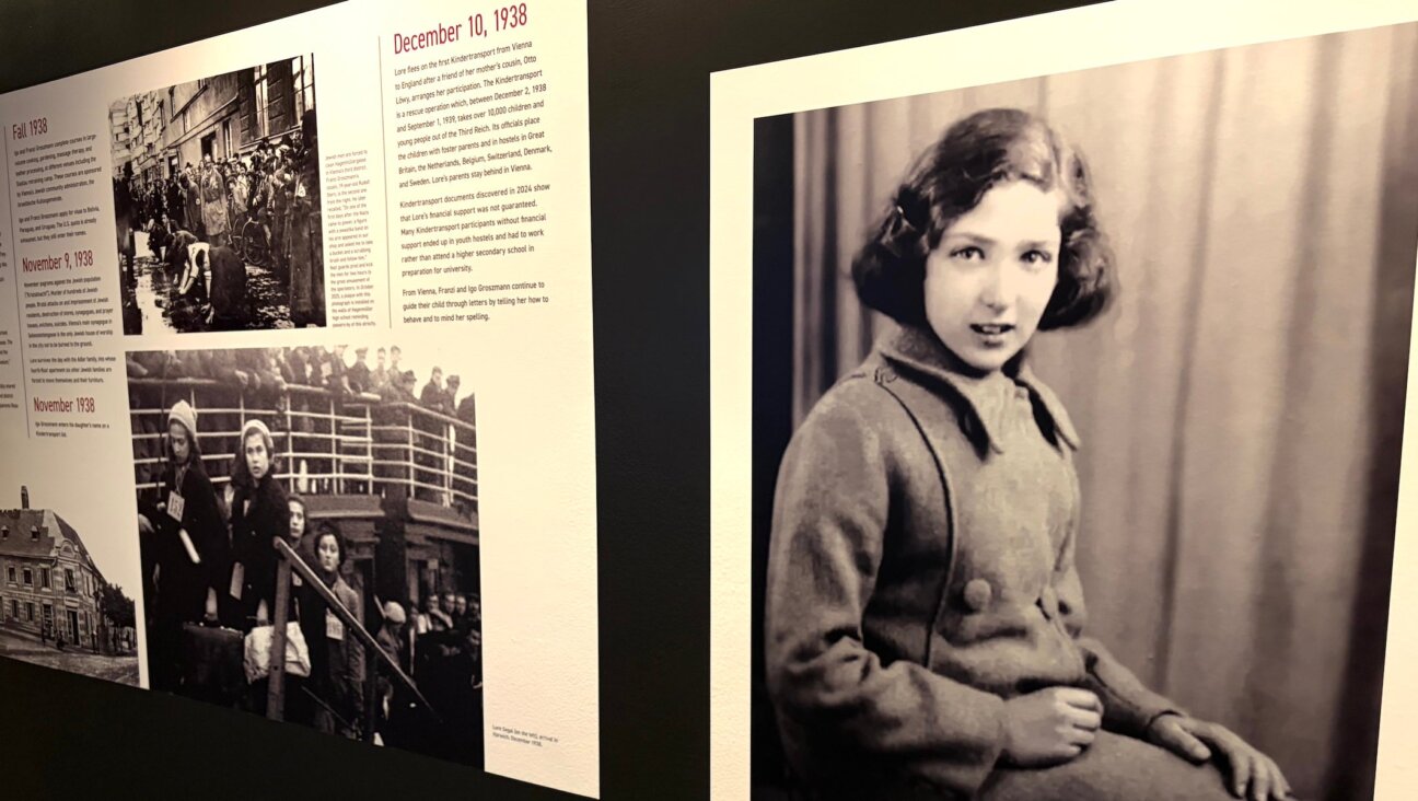 At right, a 1939 studio portrait arranged by Segal’s Liverpool foster mother is featured in the exhibit “And That’s True Too: The Life and Work of Lore Segal” at the Center for Jewish History in Manhattan. (JTA Photo)
