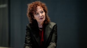 Nan Goldin, photographer, talks to the press at the exhibition “Nan Goldin. This Will Not End Well” at the Neue Nationalgalerie in Berlin on Nov. 22, 2024.
