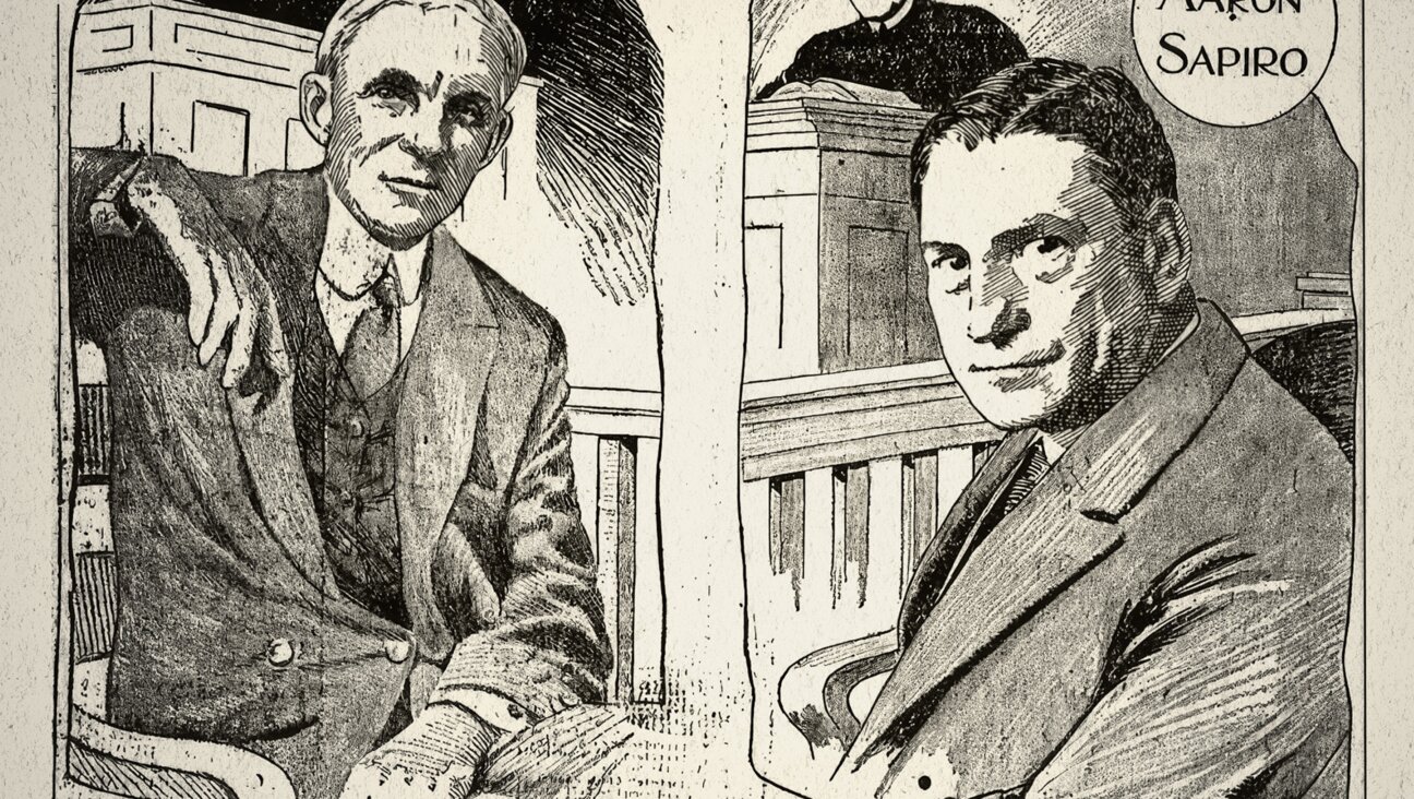 A cartoon depiction of the trial between Henry Ford and Aaron Sapiro from 1927.