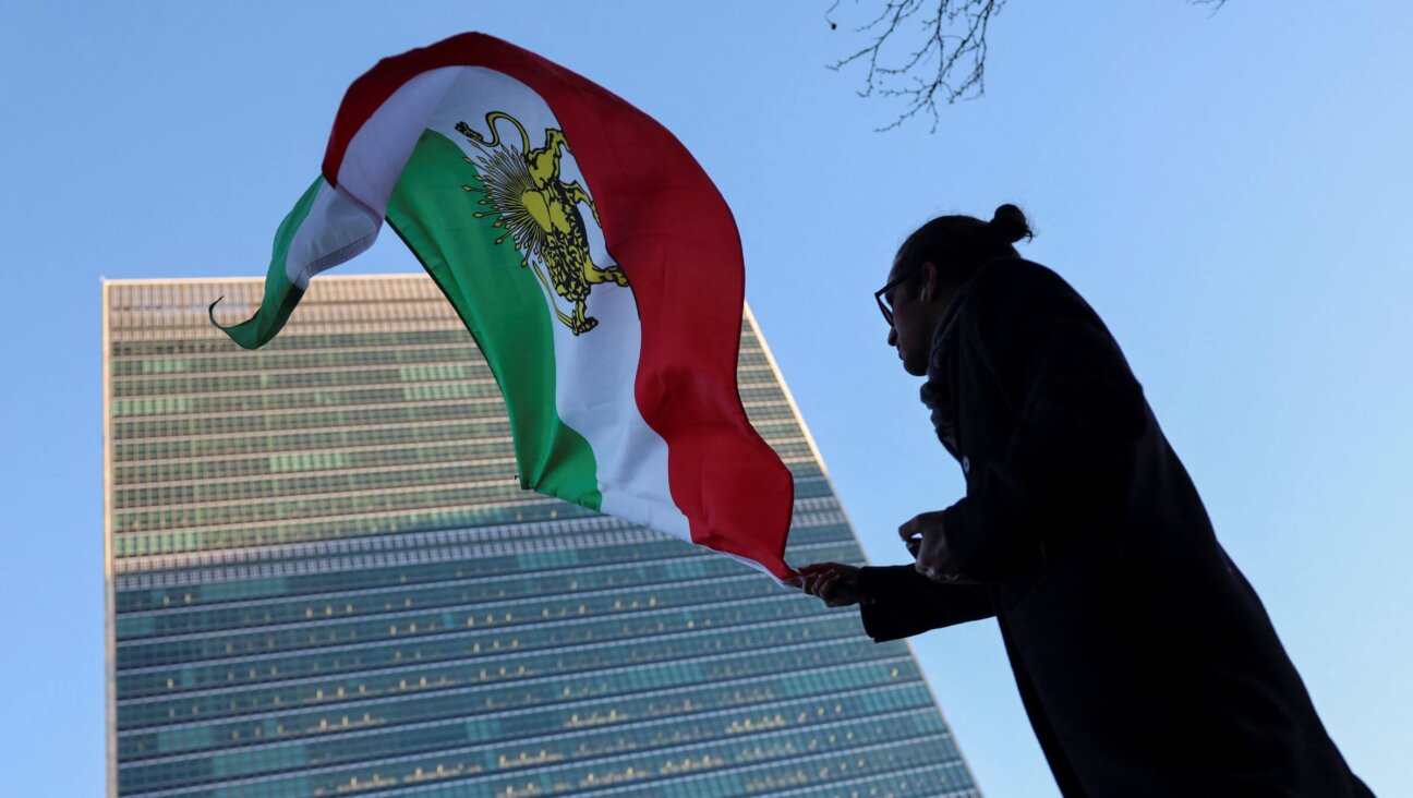 A protester waves the pre-Islamic Revolution Iranian flag outside UN headquarters during a United Nations Security Council meeting on Iran in New York on Jan. 15, 2026. 