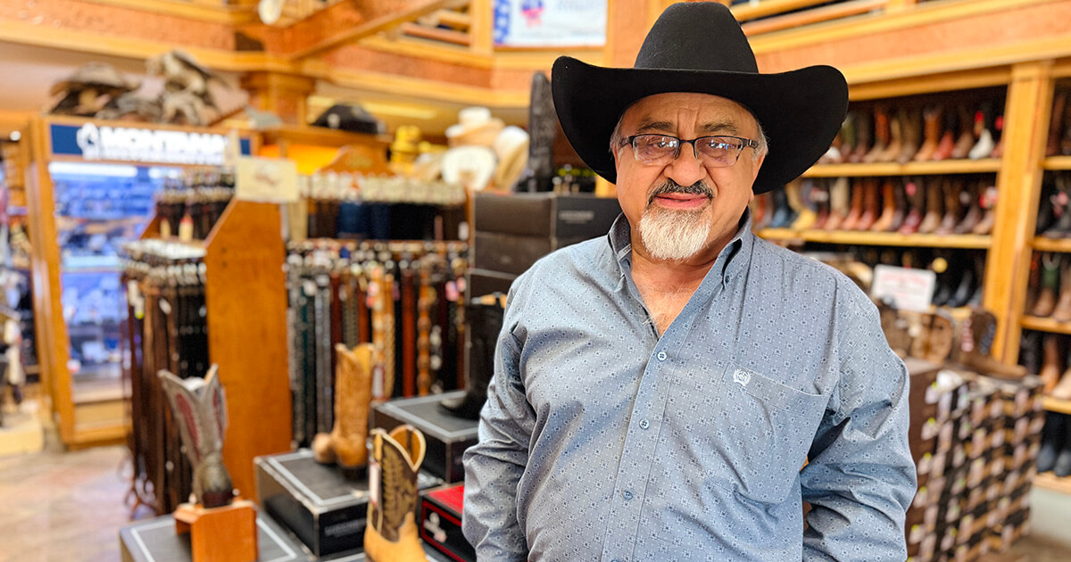 David Halimi in Diamond W Western Wear, the store he runs in Chico, California.