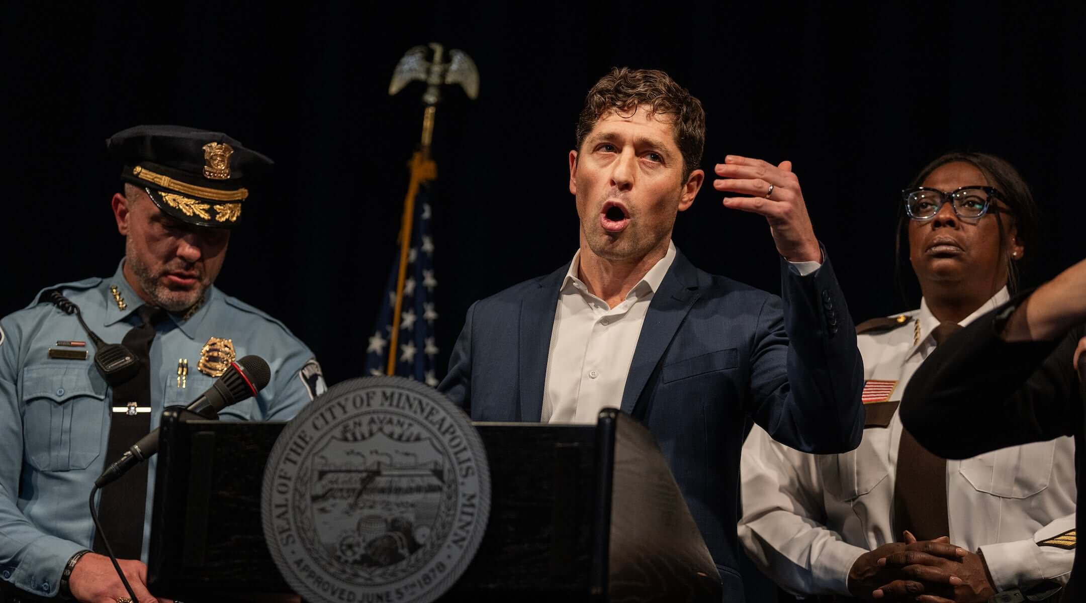 Minneapolis Mayor Jacob Frey speaks at a news conference following a shooting in Minneapolis, Minn. by an ICE agent, on Jan. 7, 2026.