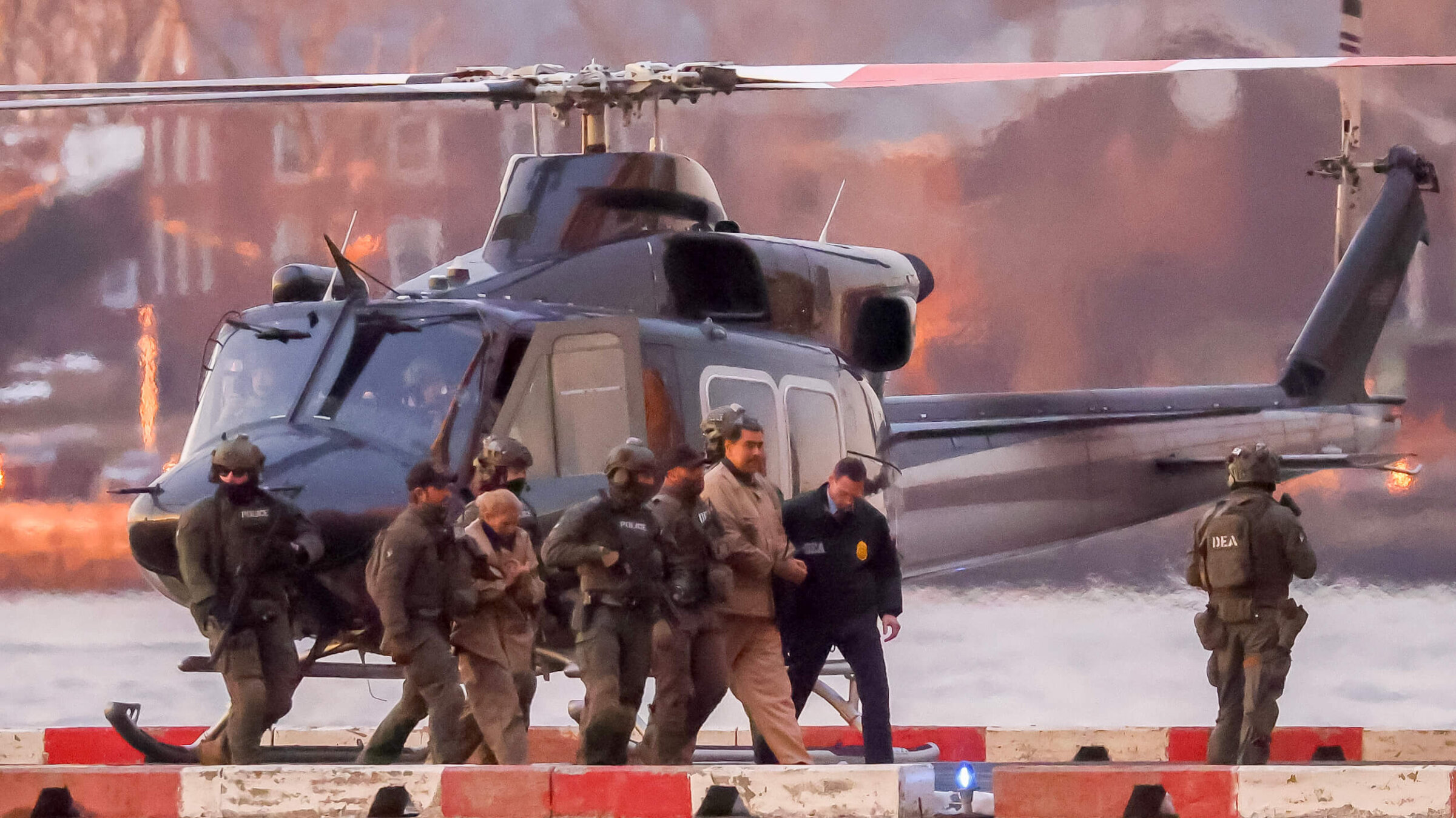 Ousted Venezuelan President Nicolas Maduro arrives at the Wall Street heliport ahead of his appearance in federal court in New York on Jan. 5.