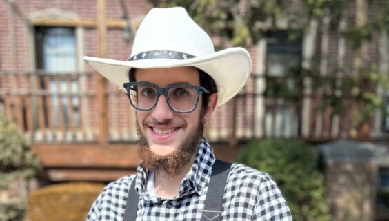 For Purim 2024, Daniel Yeroshalmi of the Crown Heights Homestead dressed, appropriately enough, as a farmer.
