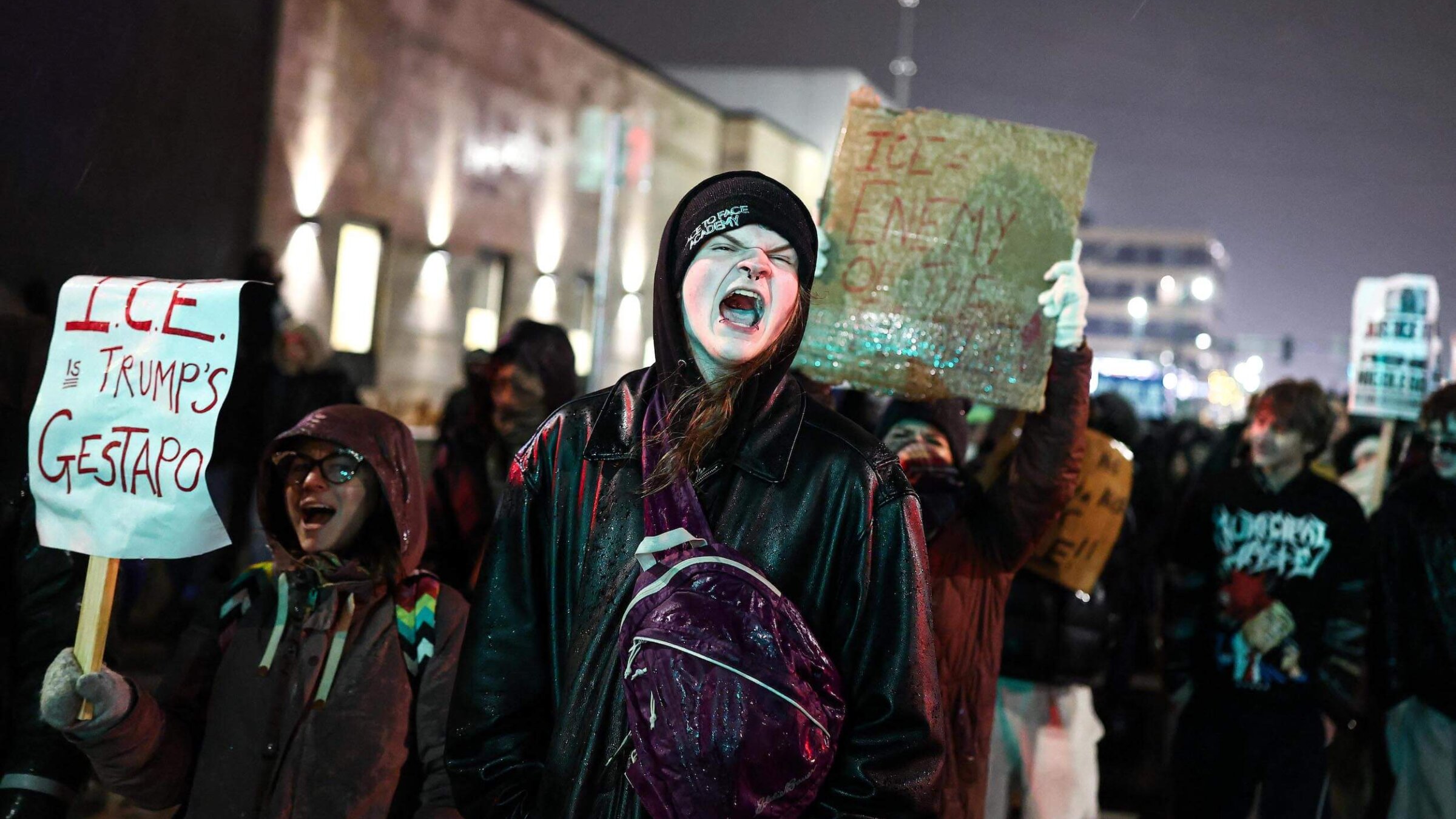 People march during a "Stop ICE Terror" emergency protest in Minneapolis Jan. 8.