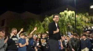 Florida GOP gubernatorial candidate James Fishback references the antisemitic term “goyslop” during a campaign event at the University of Central Florida in Orlando, Feb. 4, 2026. The crowd applauded his use of the term.