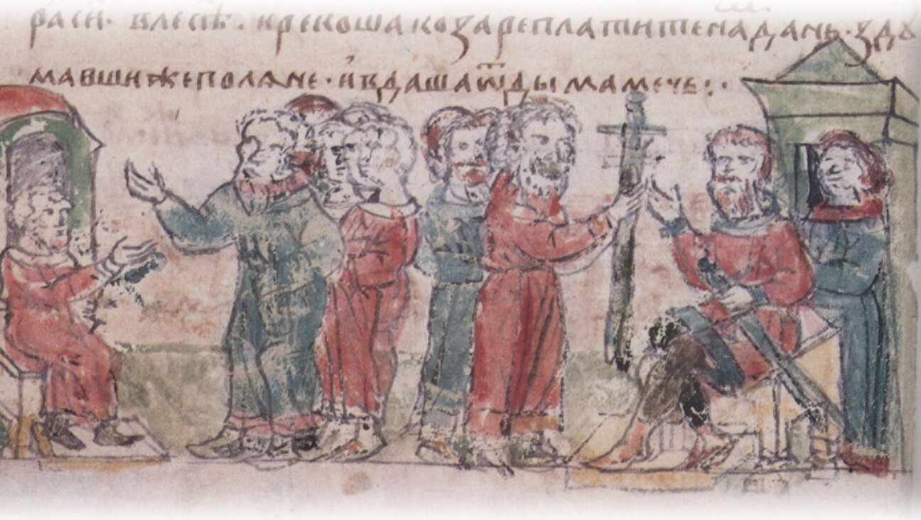 A 15th-century drawing of the Khazars, the Central Asian people, demanding tribute from the Polyans. 