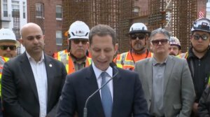 San Francisco Mayor Daniel Lurie delivers a press conference during which a disruptor chanted “tax the Jews.” 