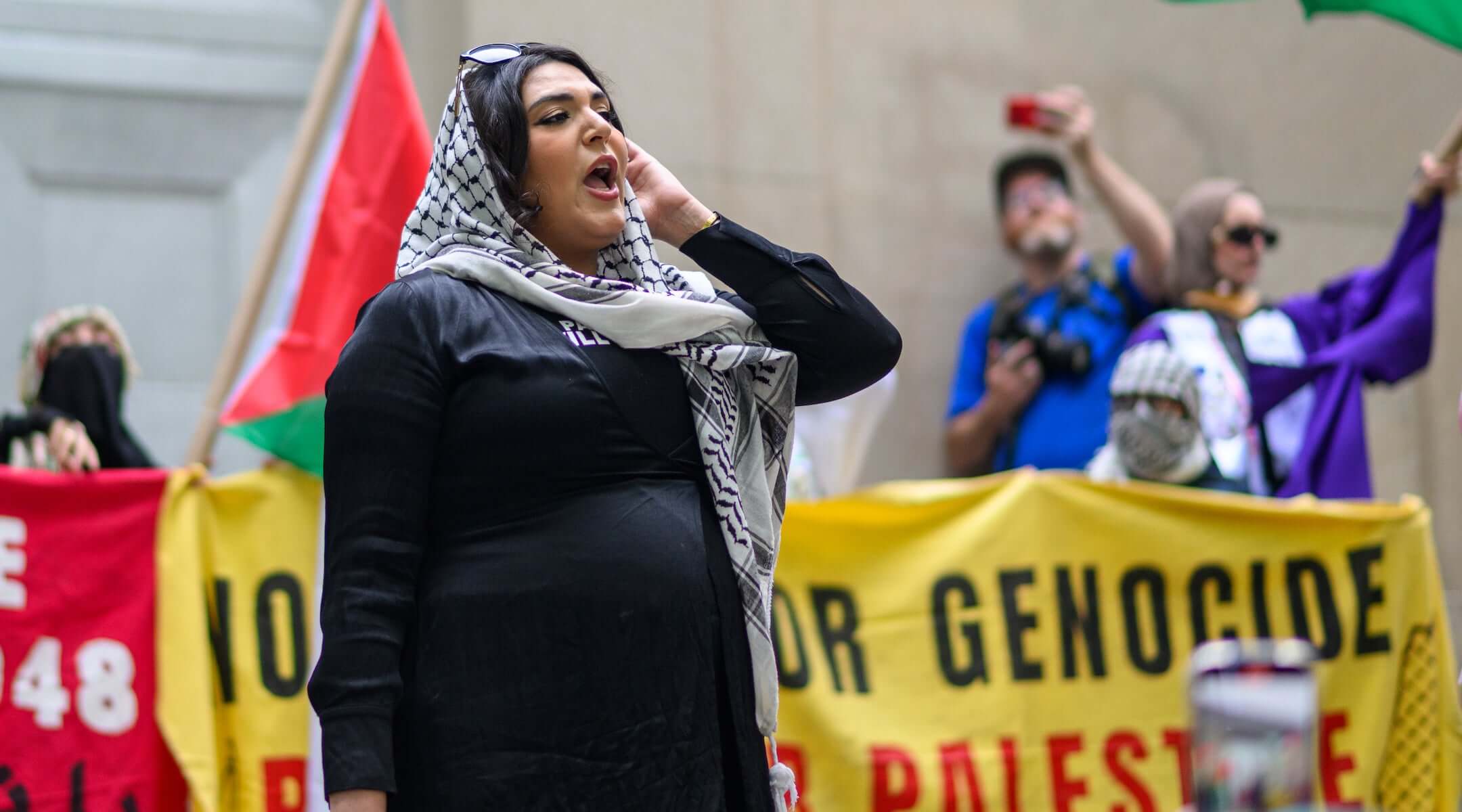 Nerdeen Kiswani speaks at a Nakba day protest on May 15, 2025 in the Brooklyn borough of New York City. 