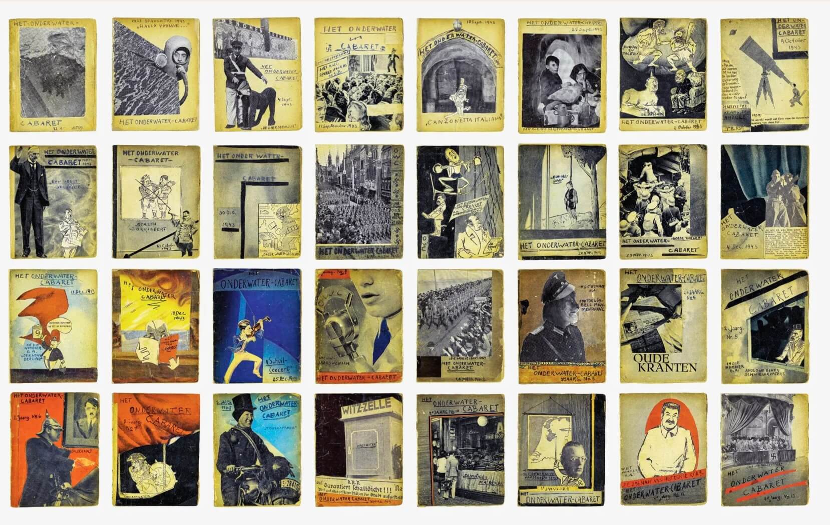 Covers of the first 32 editions of 'The Underwater Cabaret,' an underground proto-zine produced by Curt Bloch in an attic crawl space in Enschede, Holland, from August, 1943 to April, 1945.