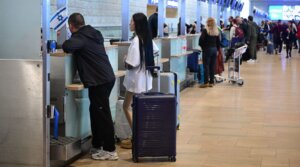 Passengers at Ben Gurion International airport near Tel Aviv, Feb. 26, 2026. 