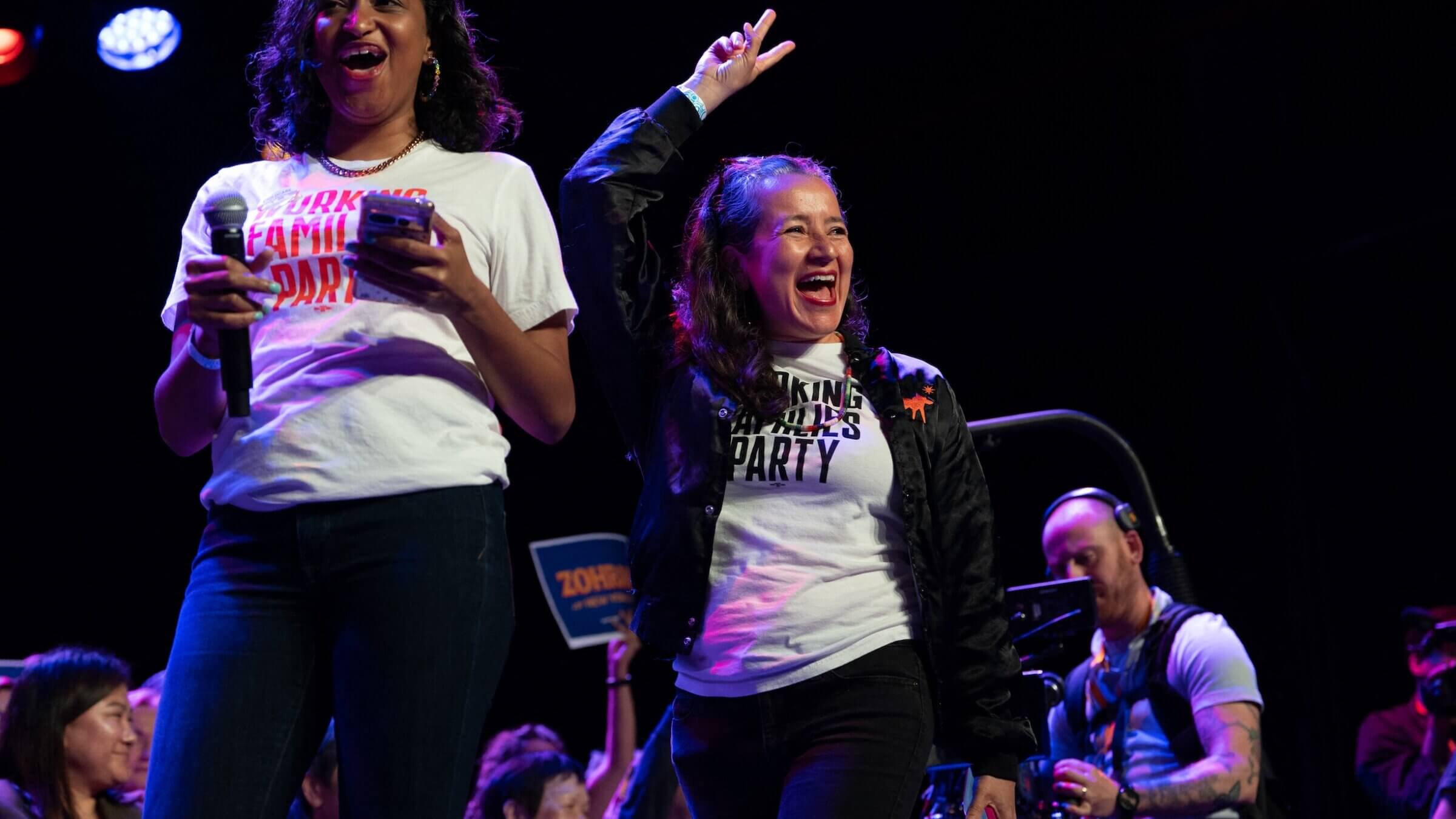 New York Working Families Party co-chair Ana Maria Archila (R) at a Mamdani rally on May 04, 2025.