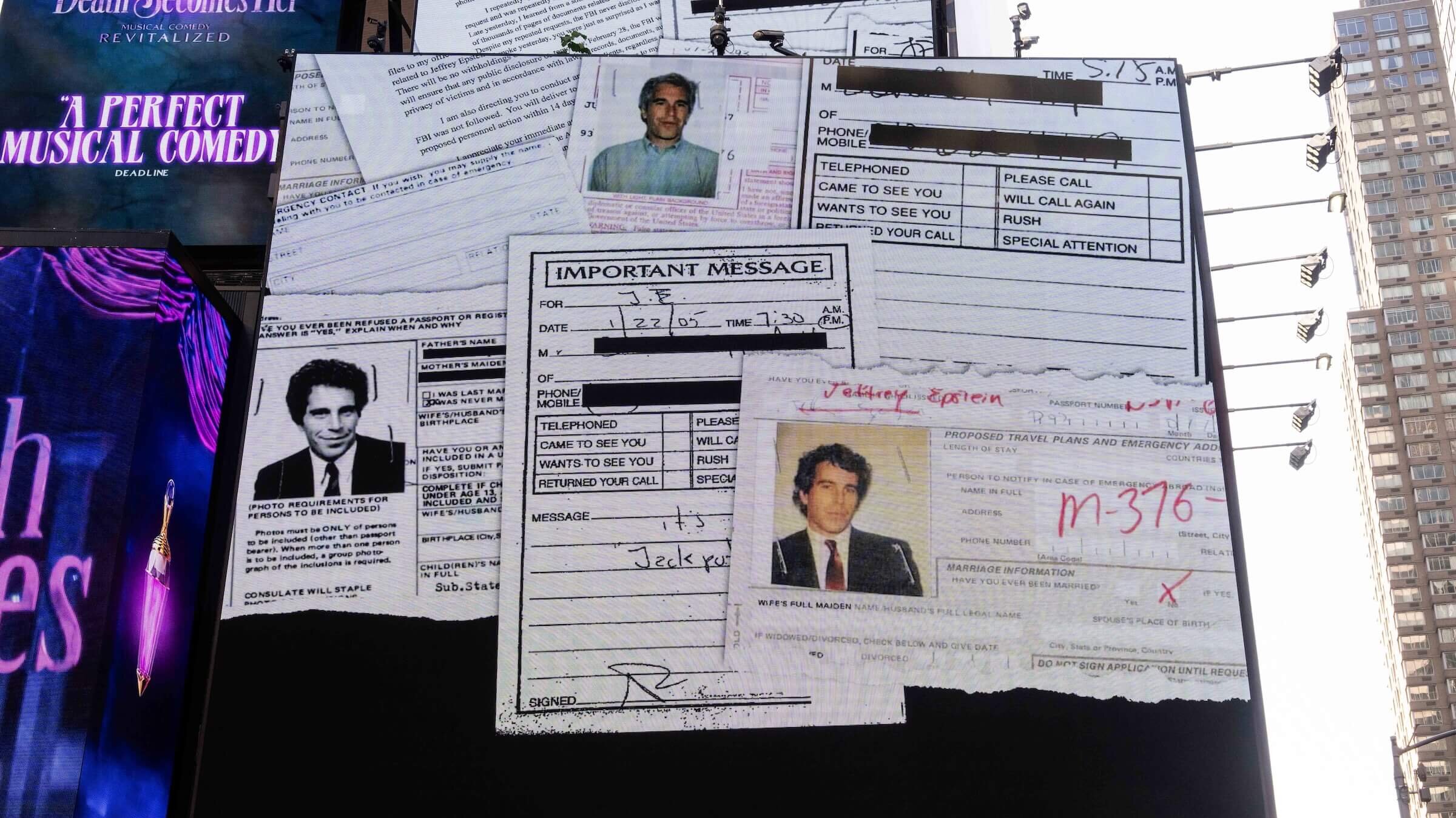 A billboard in Times Square calls for the release of the Epstein Files in July 2025.