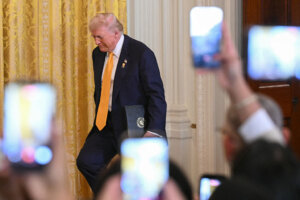 President Donald Trump arrives for a Black History Month event in the East Room of the White House in Washington, DC, on February 18.