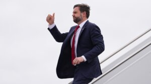 U.S. Vice President JD Vance steps off Air Force Two at Central Wisconsin Airport on Feb. 26, 2026 in Mosinee, Wisconsin.