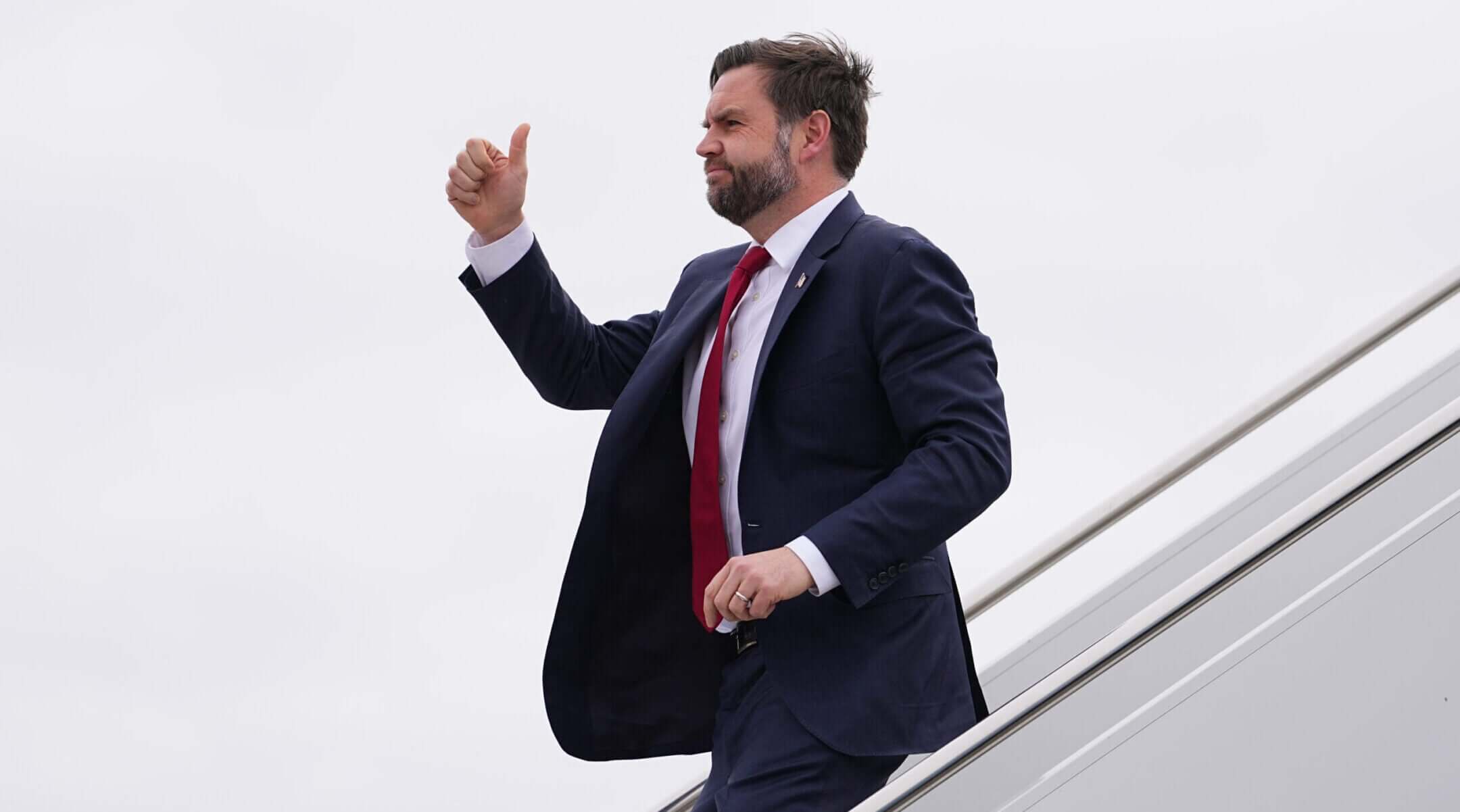U.S. Vice President JD Vance steps off Air Force Two at Central Wisconsin Airport on Feb. 26, 2026 in Mosinee, Wisconsin.