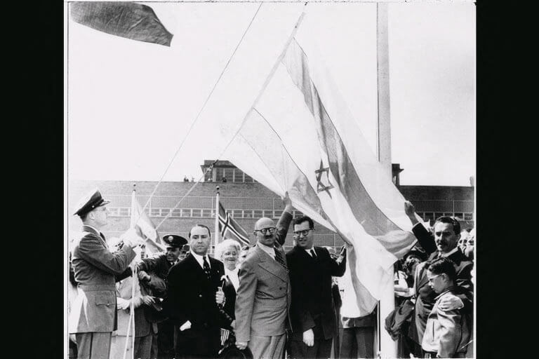  Israeli Foreign minister Moshe Shertok (right), Abba Eban (center), the first Israeli ambassador to UN and David Hachohen raise the Israeli flag for the first time at the United Nations.